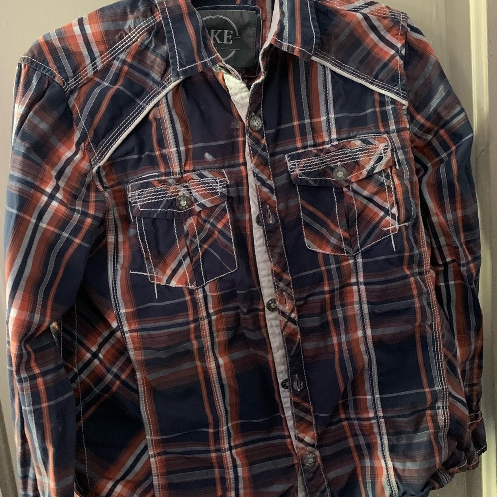 BKE blue and orange striped fitted youth western button up